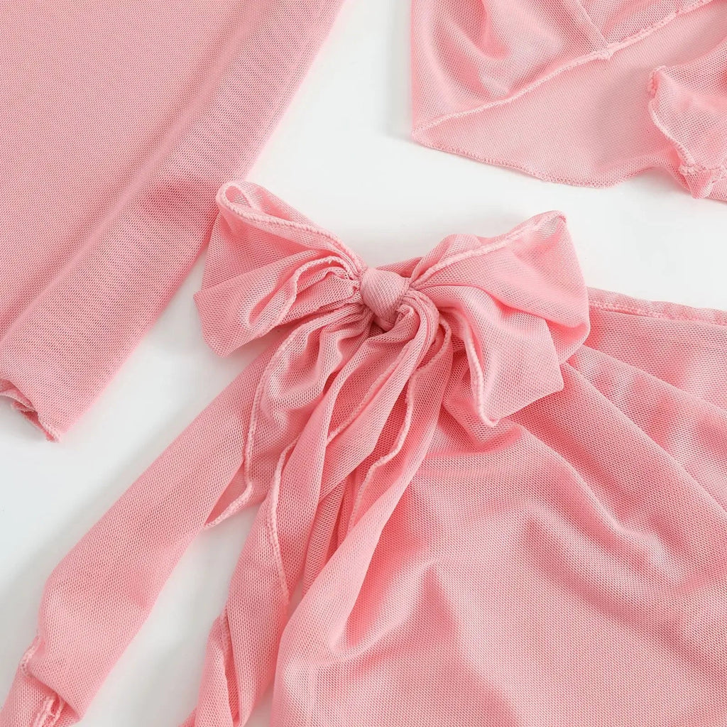 Women Pink Micro Mini String Bikini Sets 4 Pieces with Mesh Cover Tops and Skirt Swimsuit Bathing Suit Beach Outfits Biquini