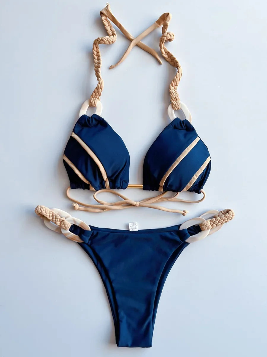 Patchwork Halter High Cut Knitted Bikini Women Swimwear Female Swimsuit Two-pieces Bikini Set Brazilian Bather Bathing Suit Swim