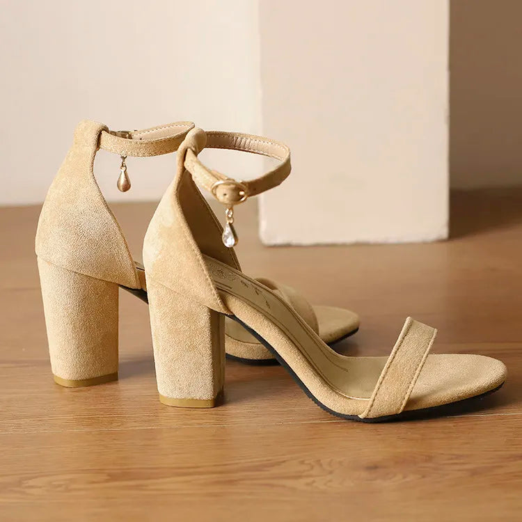 Beige Suede Ankle Strap Block Heel Sandals for Women, Round Open Toe with Rhinestone Accent, Multiple Colors Available