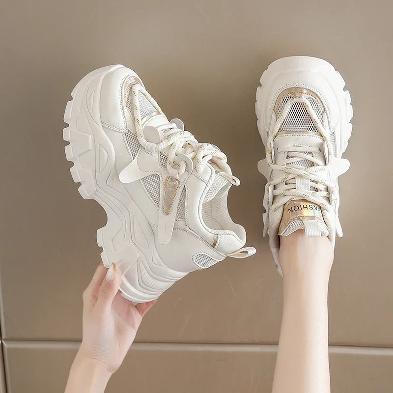 Breathable Chunky White Sneakers for Women Fashion Laser Thick Bottom Vulcanize Shoes Woman 2025 Lace Up Platform Running Shoes