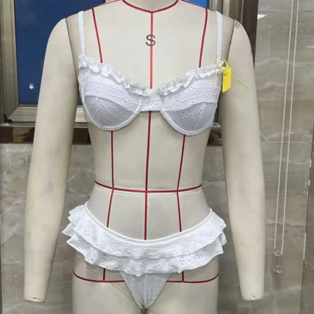 Women's Two Piece Bathing Suits Sleeveless Ruffle Trim Bra Low Waist Tiered Thong Sets Summer Solid Color Swimwear