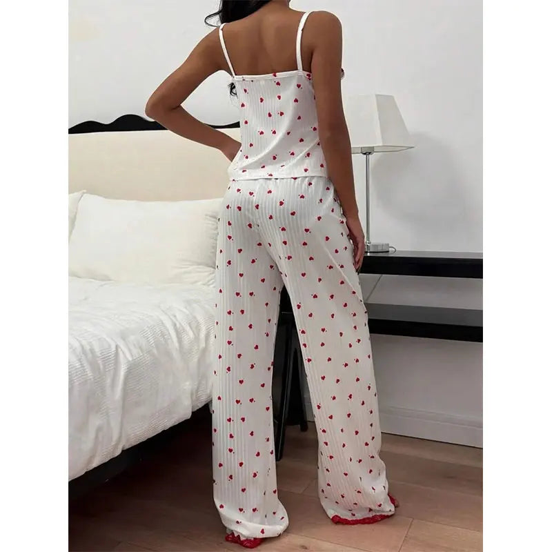 Sling Sexy Lingerie Pants Set Hot Selling Heart Printing Pajamas V Neck Top Trousers 2-piece Women's Summer Home Clothing Sets