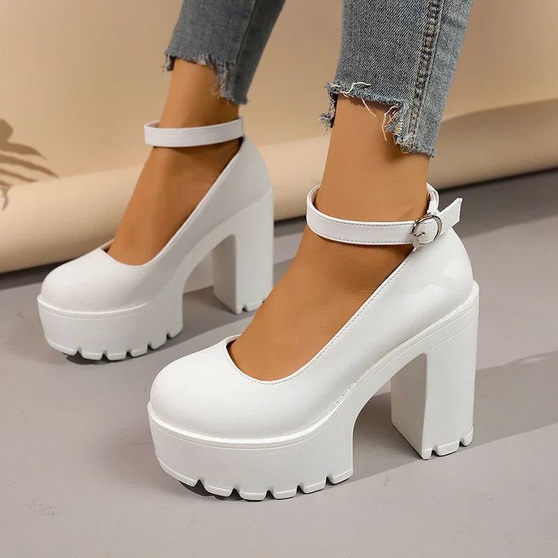 Black Super High Heels Mary Jane Shoes Women Plus Size 42 Chunky Platform Pumps Woman Ankle Buckle Party Wedding High Heel Shoes