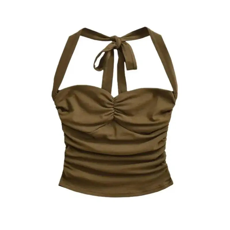 New Women's Fashion Sexy Backless Halter Neck Tie-up Ruched Tube Top Ultra-short Camisole Top In Solid Color Pure Desire F1MR