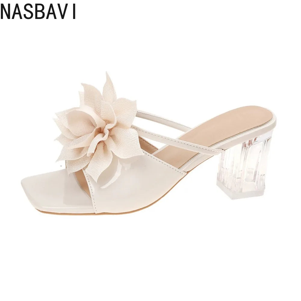 Summer  Fresh Square Toe Open Toe Flower Slippers Women's Bow Temperament Non-Slip High Heel Beach Sandals Green Beige 35-43 New