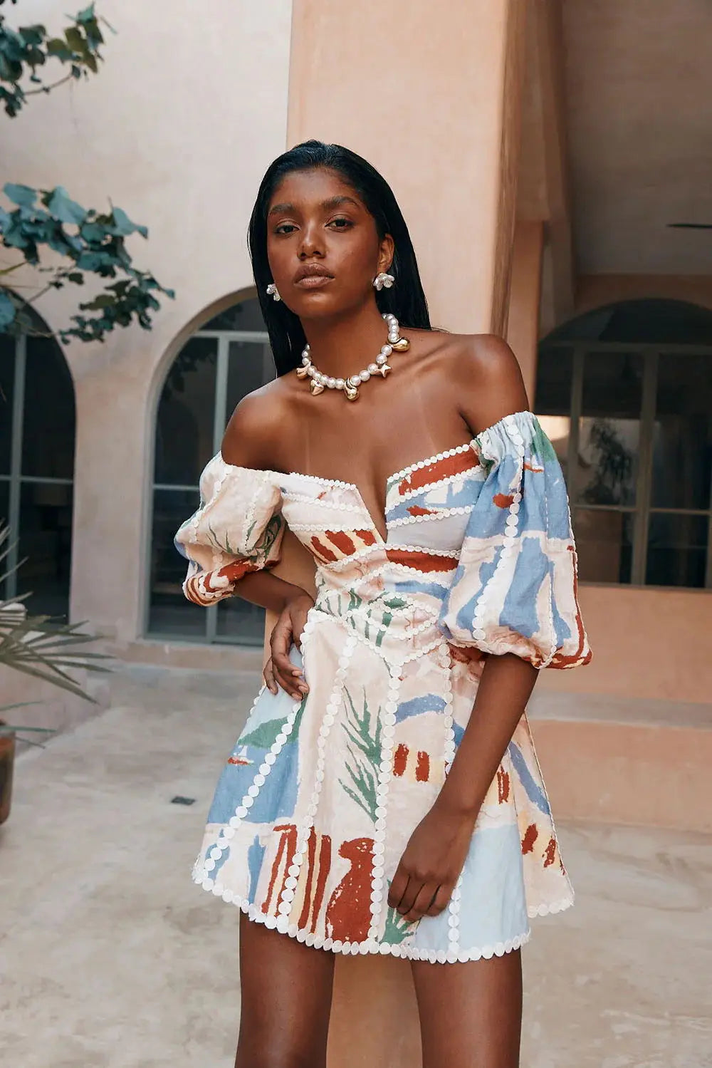 Women Vintage Print Patchwork Mini Dress Summer Sexy Fashion Elegant Short Sleeve Bodycon Off Shoulder Backless Party Dresses