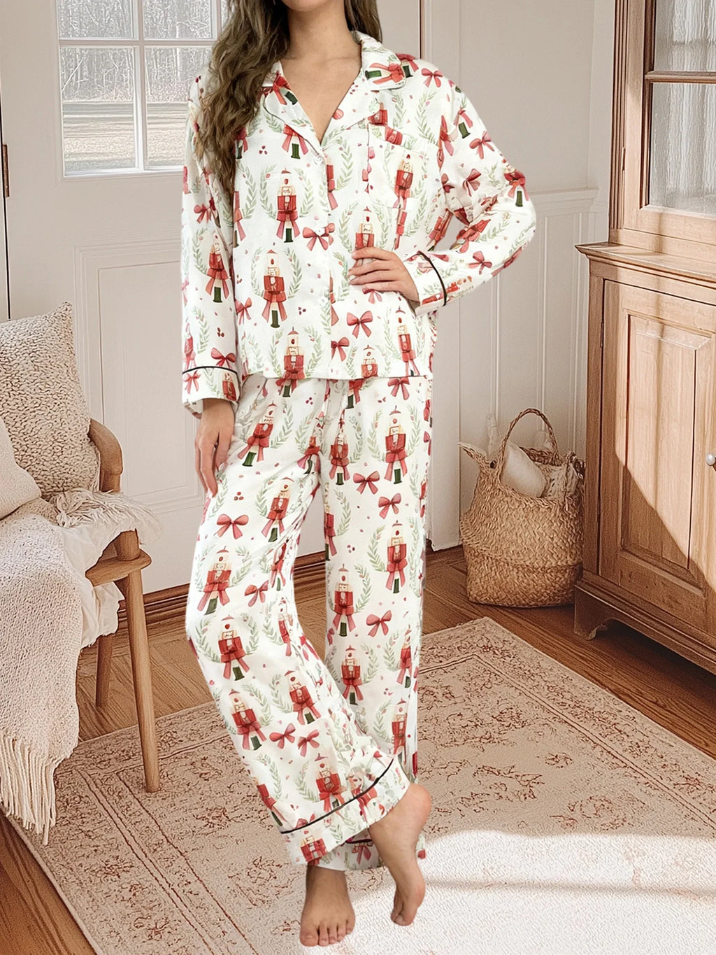 Women’s 2025 Christmas Pajamas Set Long Sleeve Oversized Button Down Shirt and Long Pants Two Pieces Loungewear