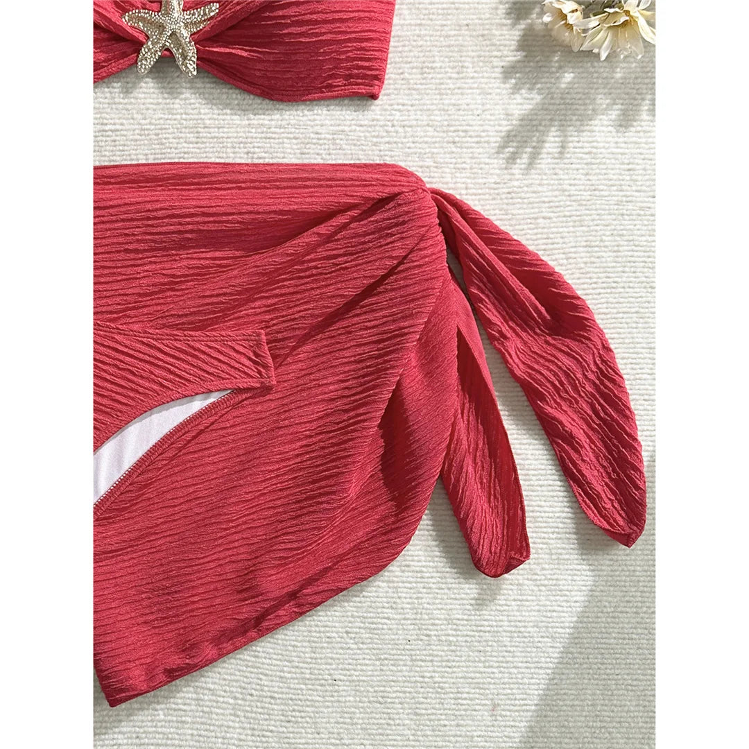 3PCS With Sarong Metal Star Halter Bikini Female Swimsuit Women Swimwear Three-Pieces Bikini Set Bather Bathing Suit Swim V7042