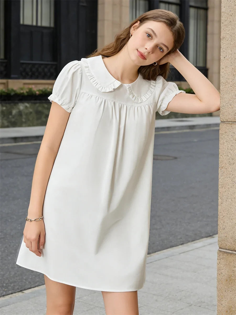 Women Casual White Mini Dress Short Sleeve Doll Collar Loose Shirt Dress 2026 Summer Retro Streetwear