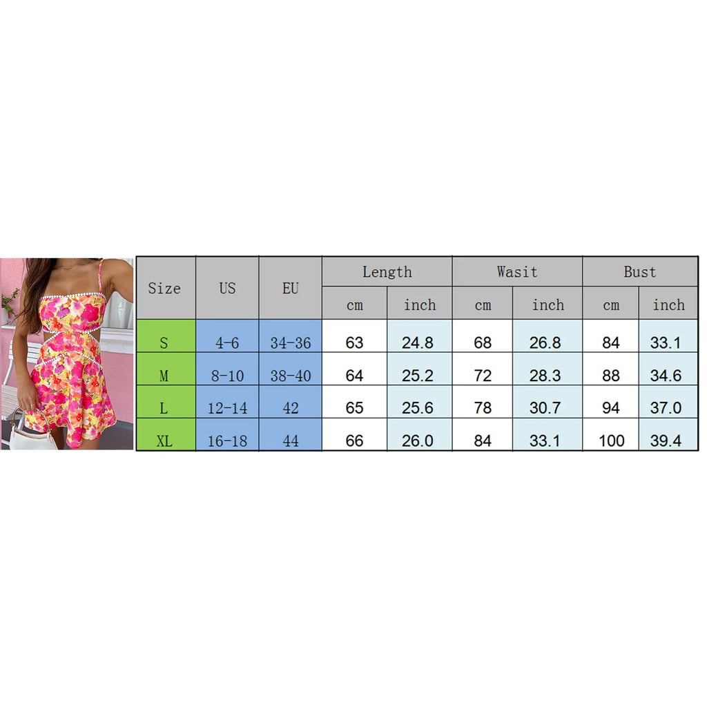 Women's Summer Fashion Open Back Mini Cami Dress Sleeveless Cutout Floral Print Spaghetti Strap Dresses