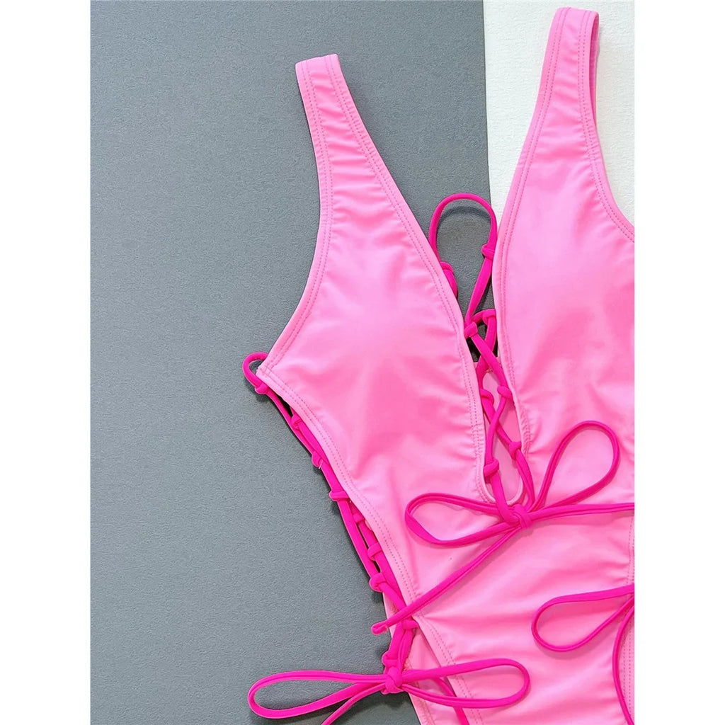 Deep V Neck Lace Up High Leg Cut Women Swimwear One Piece Swimsuit Female Wrap Around Monokini Bather Bathing Suit Swim K4719