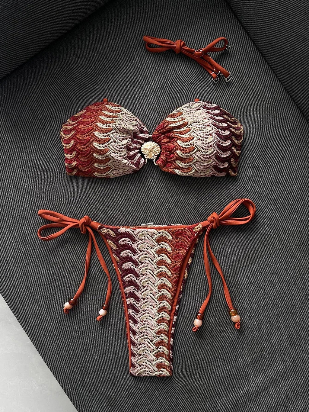 Sexy Coffee Striped Micro Bikini 2026 Women Bandeau Metal Shell Push Up Bra Bandage Thong Swimwear Beach Bathing Suit Swimsuit