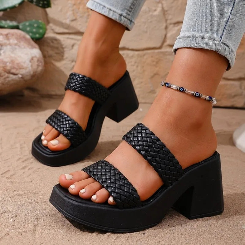 Women High Heels Sandals Fashion Weave Thick Heel Slippers Square Toe Summer Casual Ladies Slides Slip on Beach Sexy Shoes Woman