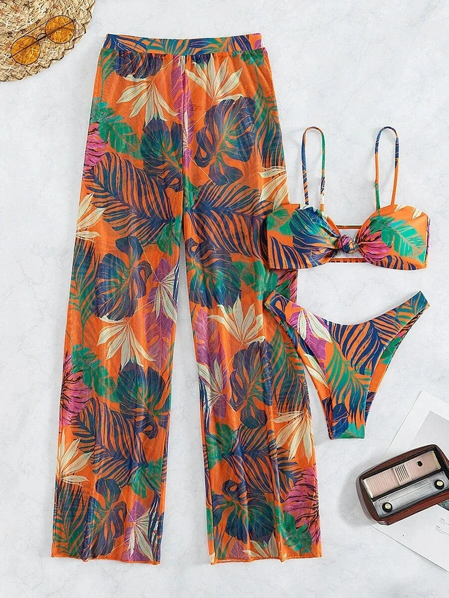 3 Pieces Strappy Bikini 2026 Women Printed Swimsuit Sexy Swimwear Female With Beach Pants Bathers Bathing Swimming Swim Suit