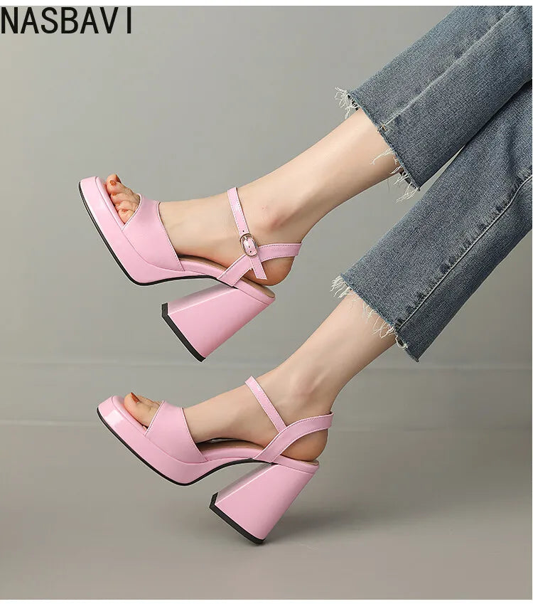 NASBAVI Women Patent Leather Sandals Super Chunky High Heeled Ankle Buckle Shoes Platform Summer Thick Heel Sandal Ladies 35-43
