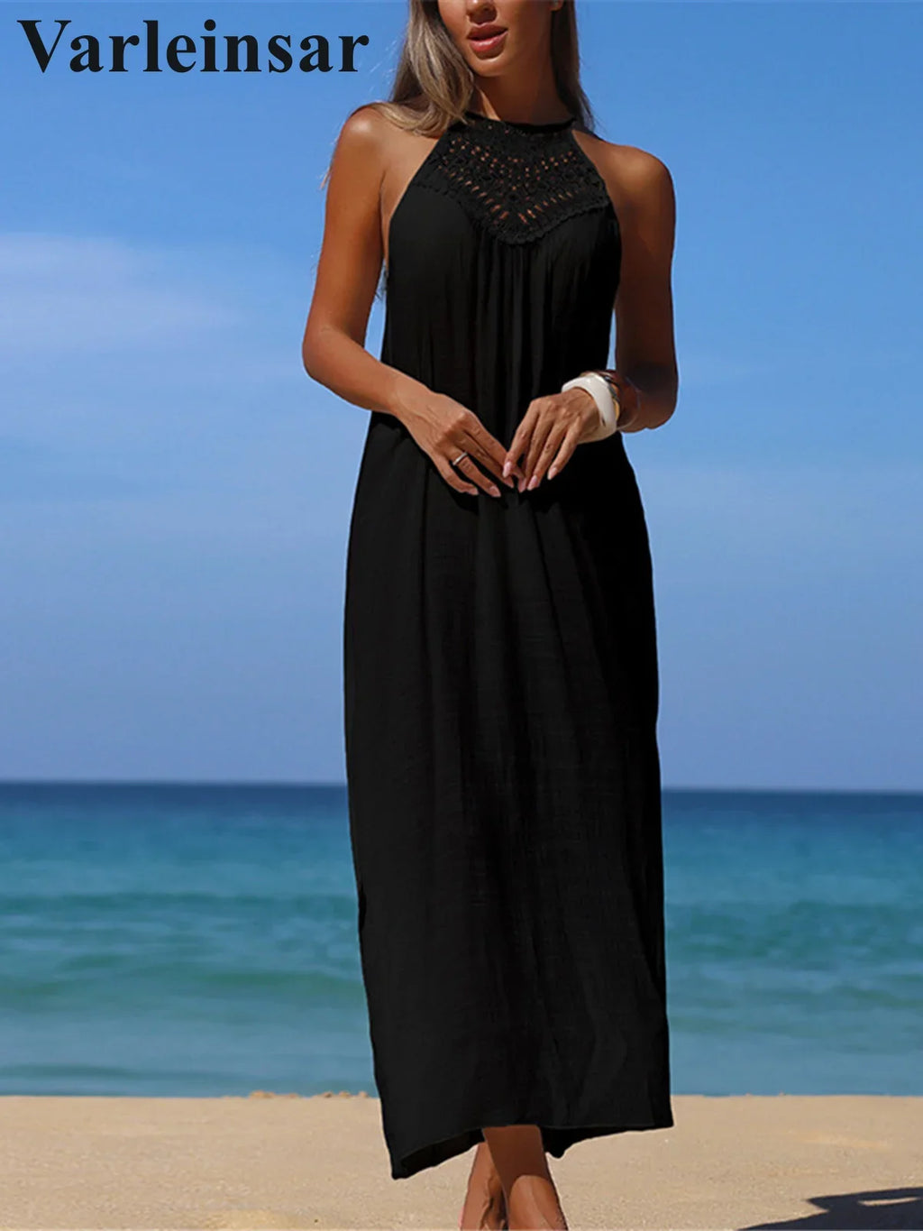 Solid Hollow Out Sleeveless Crochet Knitted Tunic Beach Cover Up Cover-ups Beach Dress Beach Wear Beachwear Female Women V7642