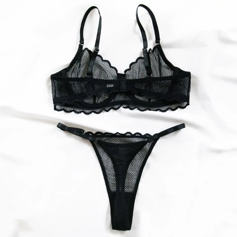 Toucheart Sexy Lingerie Suit for Women Lace Mesh Ultra-thin Underwear Comfortable Bra Set with Steel Rings Hollow Out Underwear