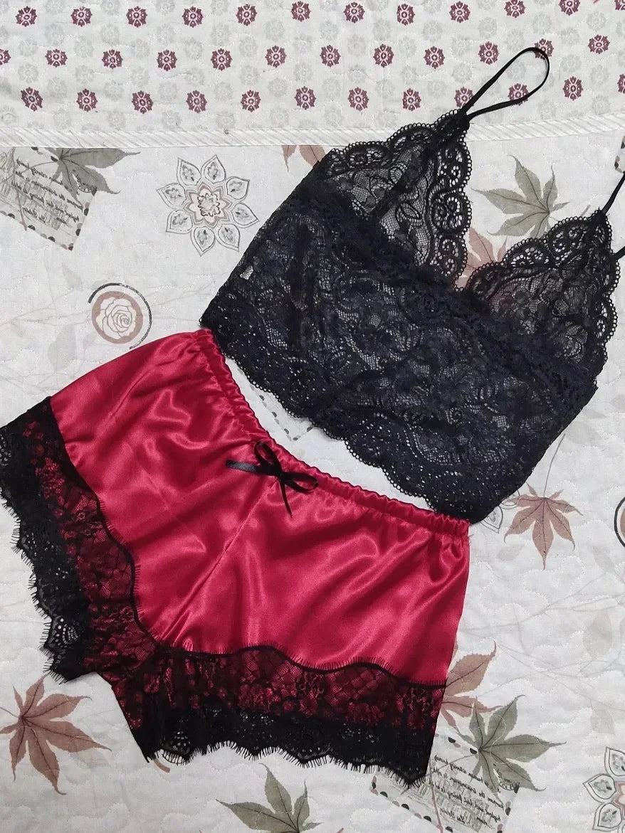 Summer Sexy 2 Pieces Pajamas Set for Women Sleepwear Lingerie Lace Silk Crop Tops and Shorts Sets Casual Nightwear Pijamas