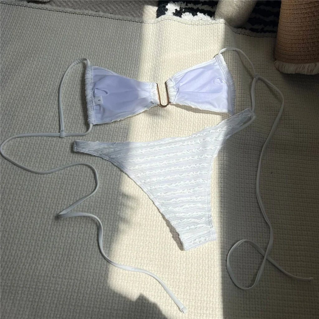 U Neck Wrinkled Crinkled Bikini Women Swimwear Female Swimsuit Two-Pieces Bikini Set High Cut Bather Bathing Suit Swim V5708B