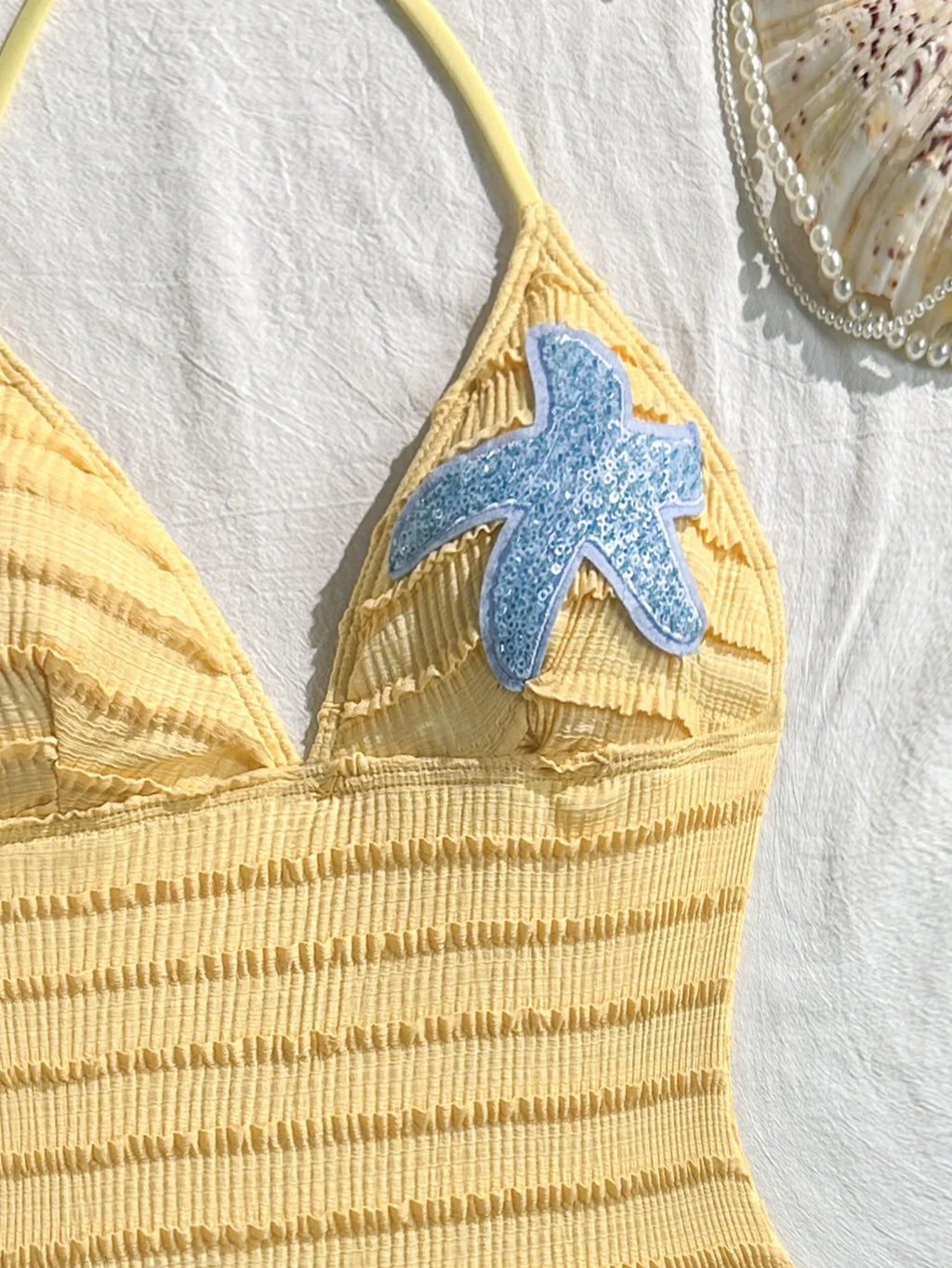 Sexy Holiday Swimwear Women 2026 Blue Sequin Starfish V Neck Hollow Out Backless Tummy Control Bathing Suit One Piece Swimsuit