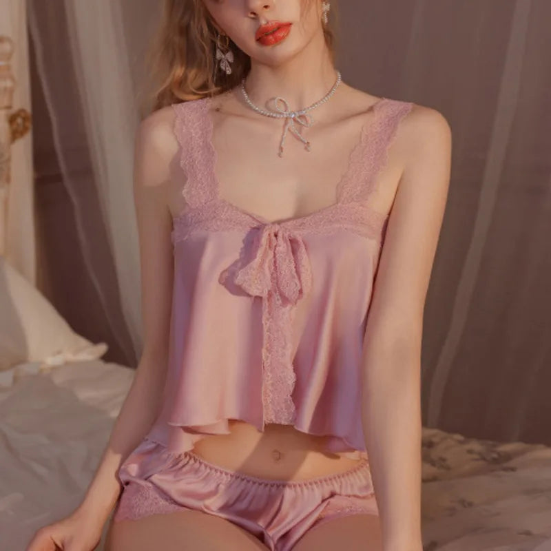 Pure Desire Home Wear Set New Sweet Style Camisole Shorts Pajamas Thin Sexy Ice Silk Home Wear Two-Piece Casual Style Sets N5GK
