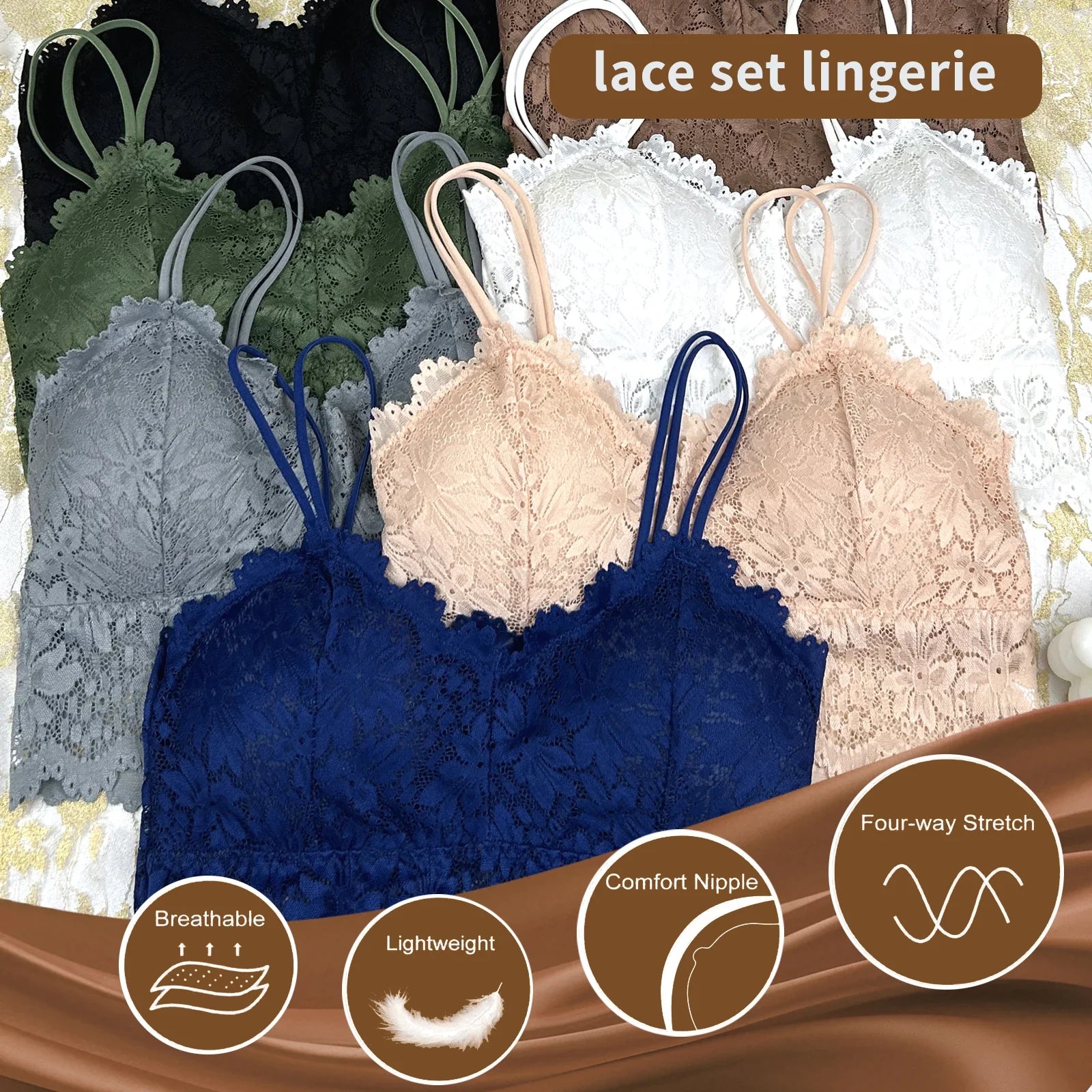 7 Pieces Color Women' Sexy Lace Wire-free Bras Lightweight Breathable Back Support, Gathered Shaping for Natural Curves