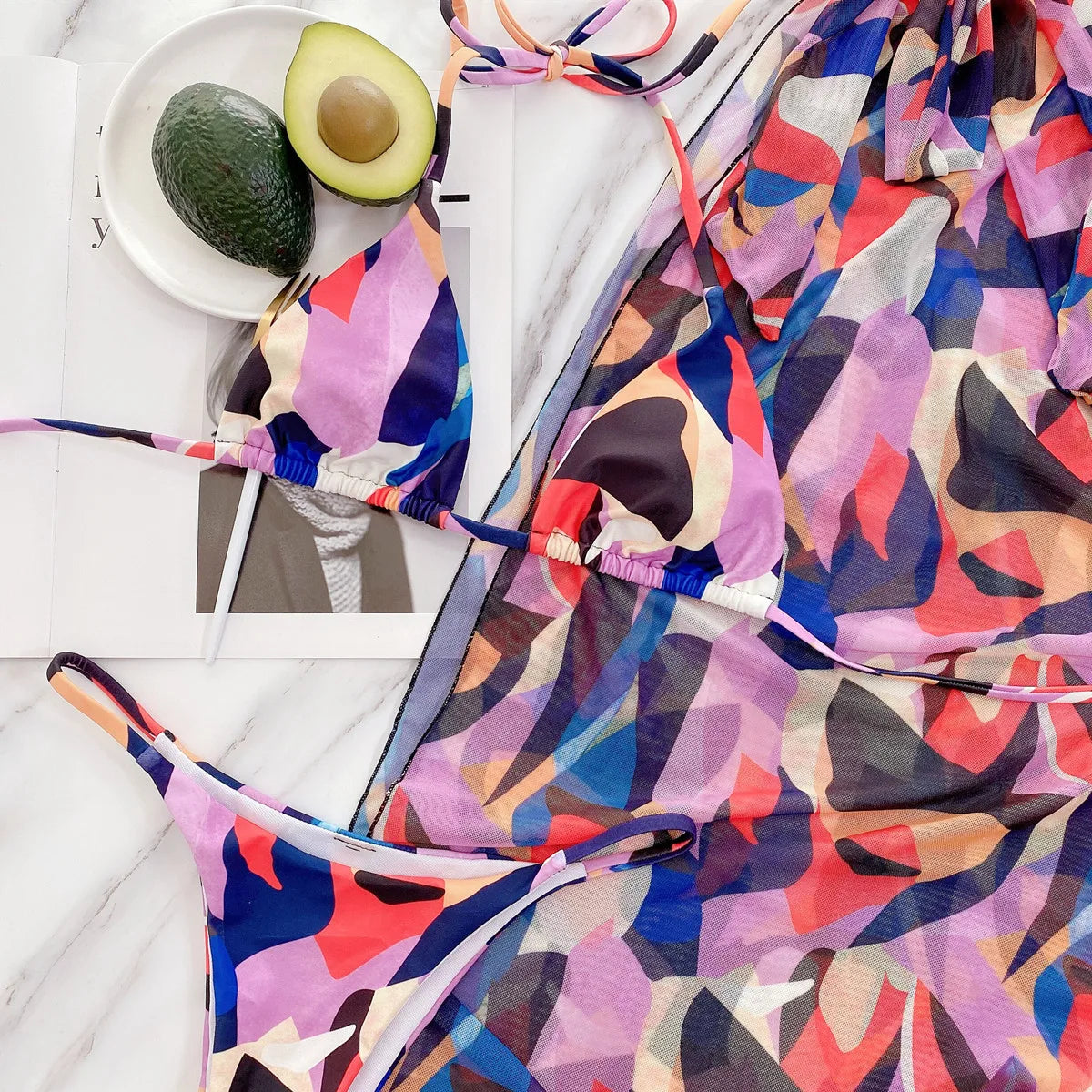 2026 Sexy Bikini Set 3-piece Print Halter Swimwear Swimsuit Women Bikinis Set Bathing Suit Beach Dress Bikini Cover Up Female
