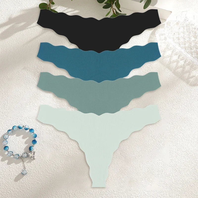 4Pcs Women Seamless Panties Wavy Design Ultra-thin Thongs Women Ice Silk Underwear Sexy Panty Low Waist G-string Female Solid