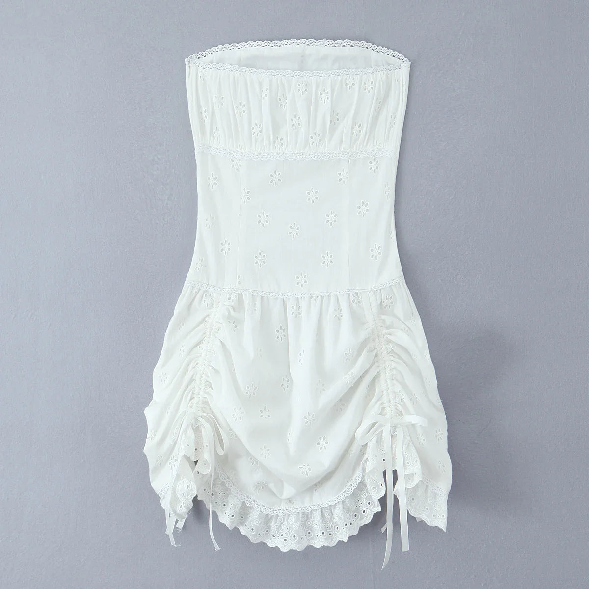 Foridol White Cotton Summer Women's Dress 2025 Off Shoulder Strapless Mini Beach Dress Casual Flower Embroidery Drawstring Dress