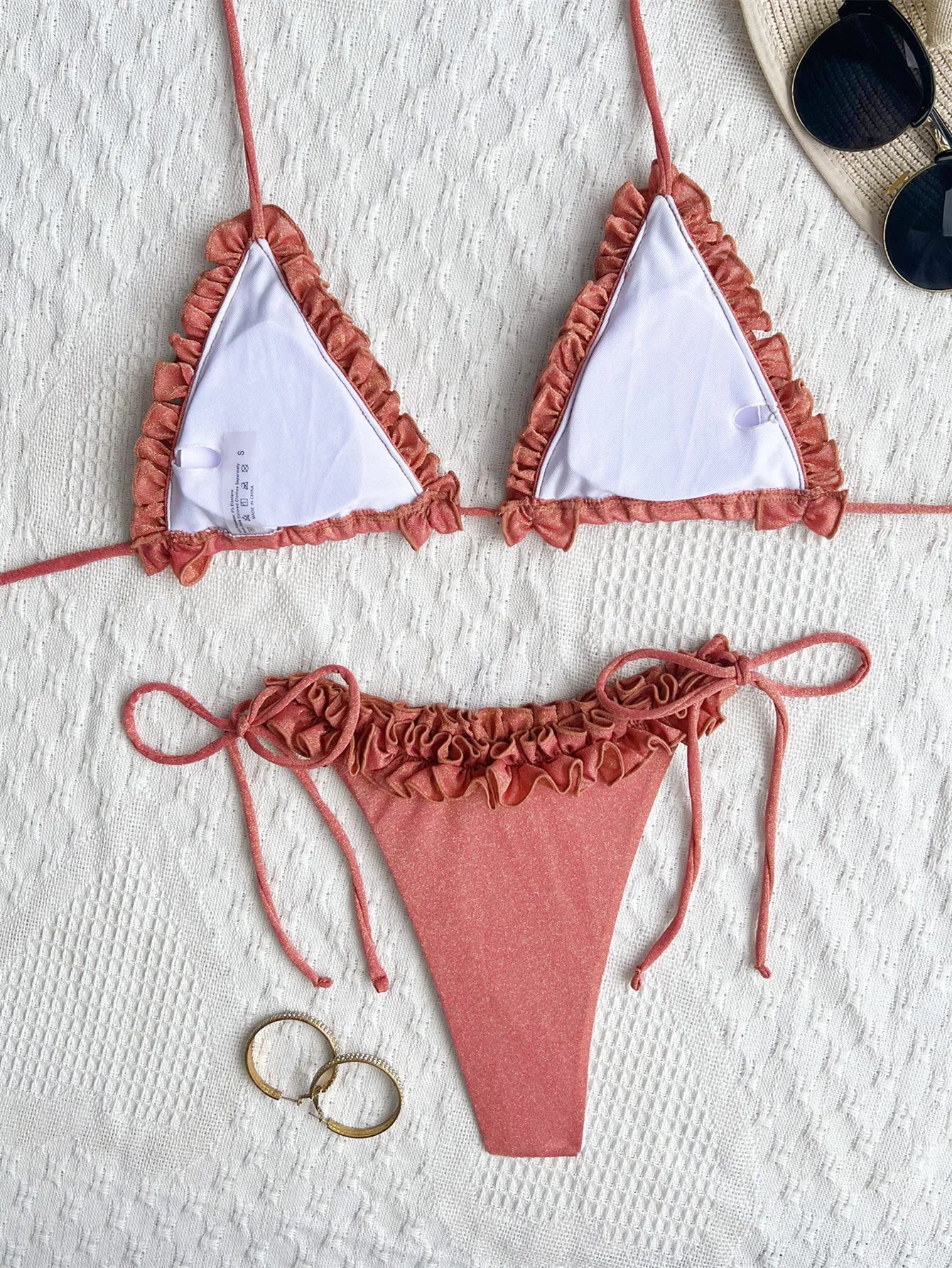 sexy rose red ruffles glitter halter tie bikinis sets two pieces women micro thong swimsuit female bathing suit swimwear biquini