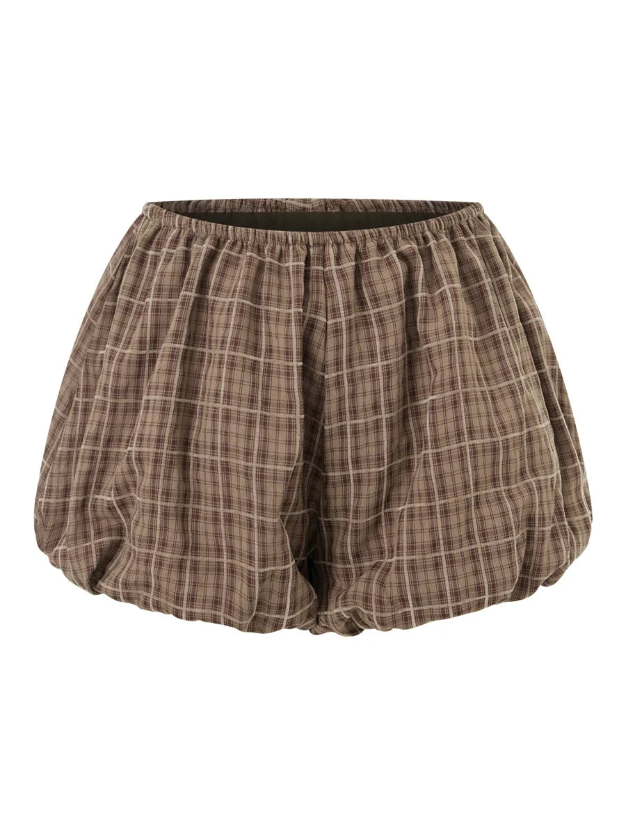Womens Summer Bubble Shorts Elastic Waist Plaid Bloomers Loose Fit Casual Out Going Short Pants Streetwear