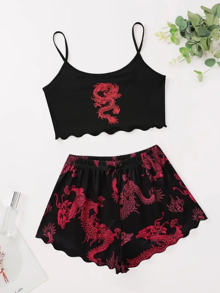 Summer Pajamas Set for Women Nightwear Sexy Dragon Printed Vest Halter Top Shorts Suit Homewear Sleepwear Loungewear