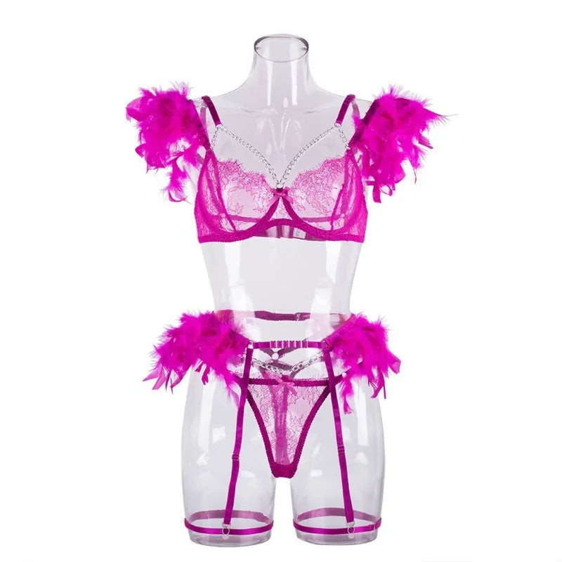 Toucheart 4 Piece Set Fun Lingerie For Women Feather Lace Splicing Chain Sexy Slim Mesh See-Through Sexy Lingerie Garters Suit