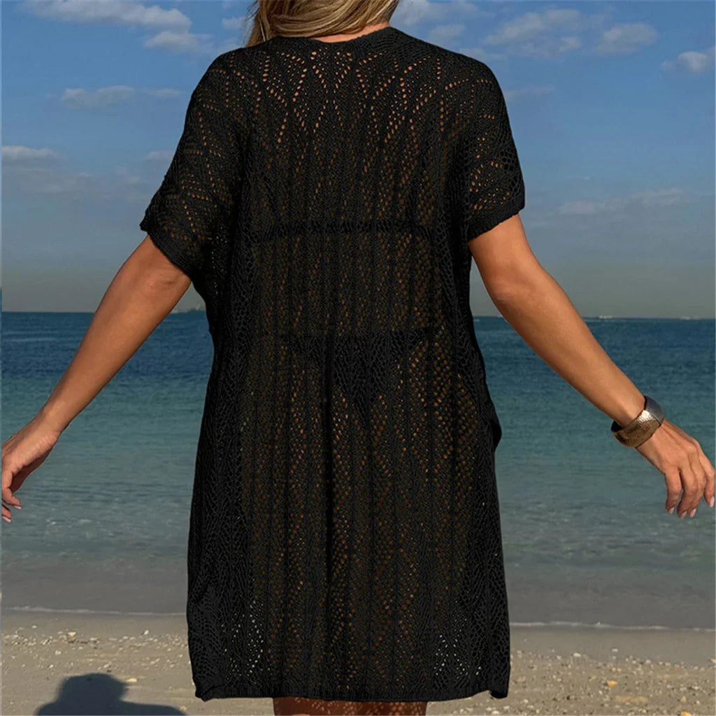 Sexy Short Sleeve Hollow Out Crochet Knitted Tunic Beach Cover Up Cover-ups Beach Dress Beach Wear Beachwear Female Women K6686