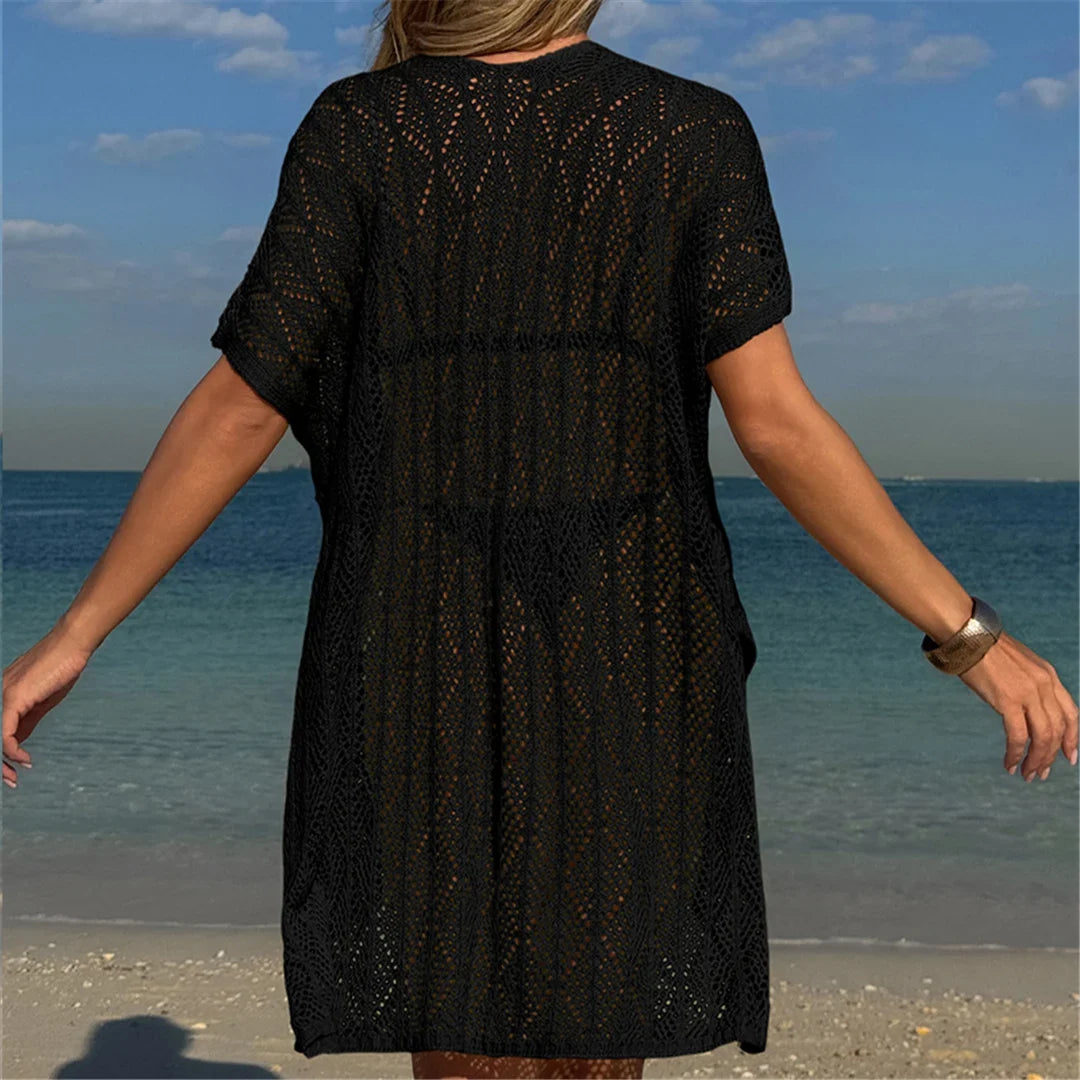 Sexy Short Sleeve Hollow Out Crochet Knitted Tunic Beach Cover Up Cover-ups Beach Dress Beach Wear Beachwear Female Women K6686