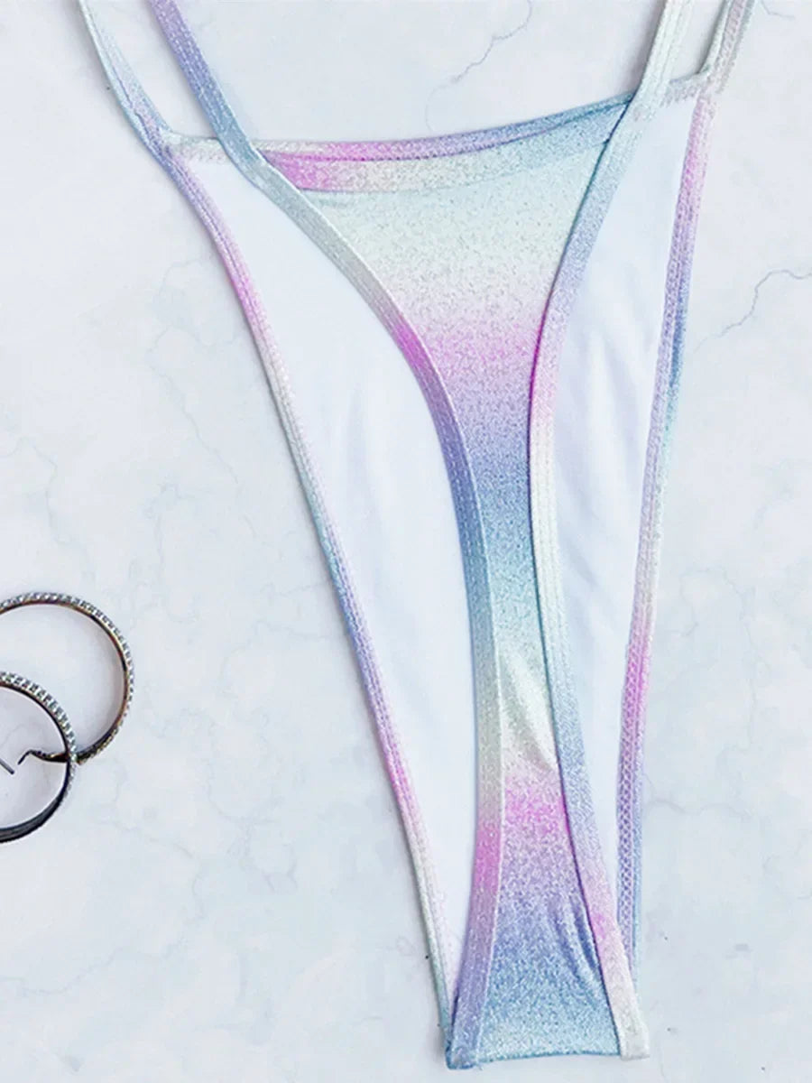 Shiny Gradient High Cut Out Female Mini Micro Thong Swimwear One Piece Swimsuit Women Monokini Backless Bathing Suit Swim Lady