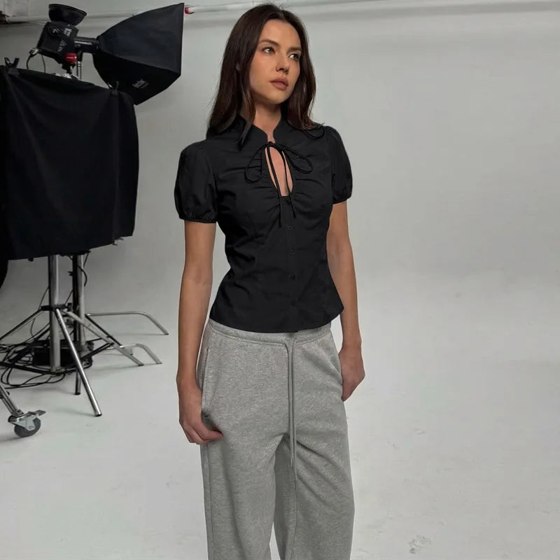 FDYOUI Fashion Stand Collar Lace-up Hollow Out T-shirts Women Chic Short Sleeve Single Breasted Crop Top Folds Solid Tee Shirt