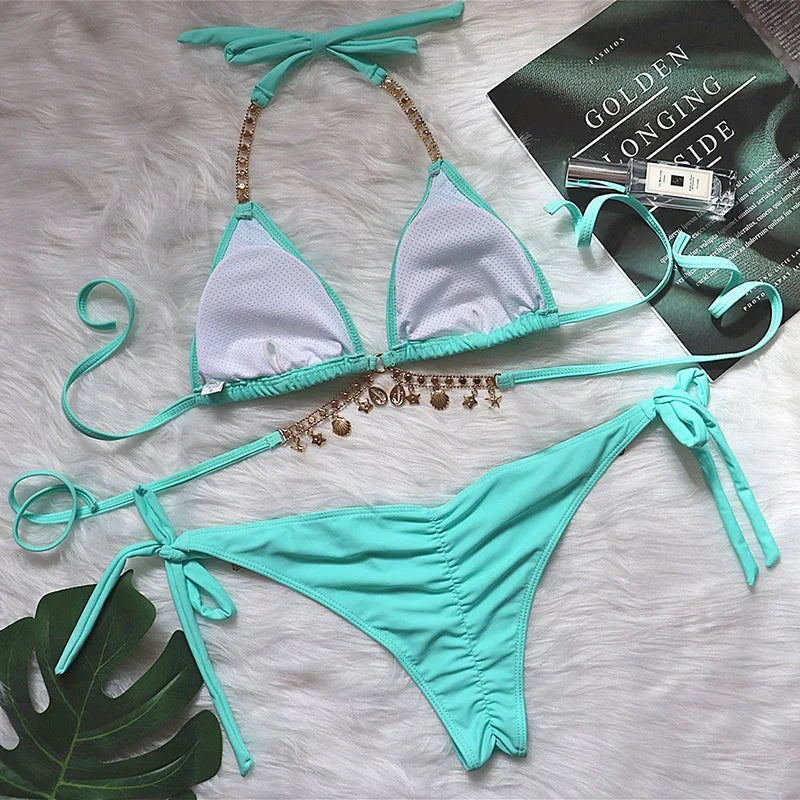 Wrap Around Halter Metal Chains Bikinis 2025 Diamond Bikini Women Swimsuit Female Swimwear Two Pieces Bikini set Bathing Suit