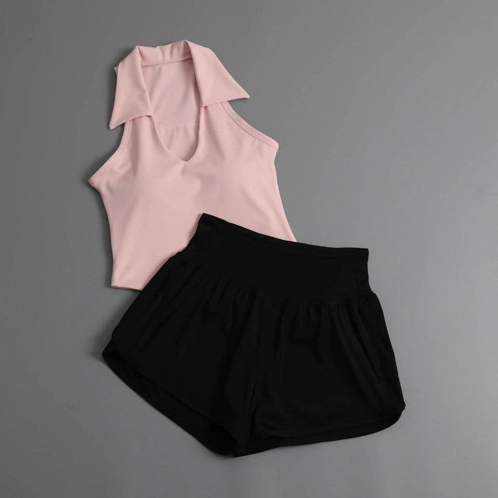 Summer Women's Sports Sets Color Contrast Lapel Collar Sports T Shirts High Waist Pleate Shorts Gym Running Fitness Yoga Suit