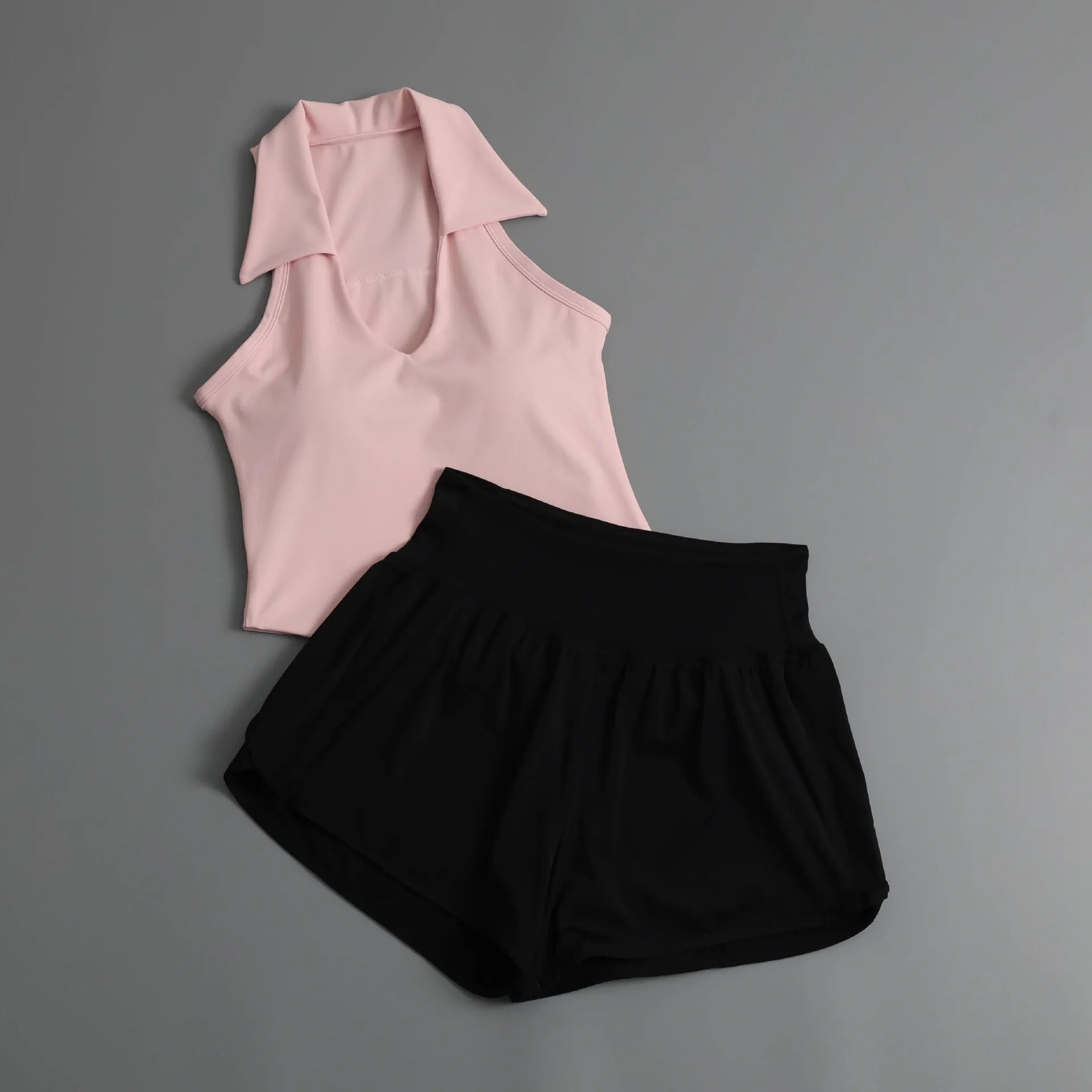 Summer Women's Sports Sets Color Contrast Lapel Collar Sports T Shirts High Waist Pleate Shorts Gym Running Fitness Yoga Suit