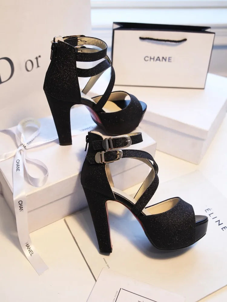 Women's Sandals Summer New Style Fashion Fish Mouth Open Toe Buckle Thick Heel High Heel Women's Shoes Plus Size 33-43 High 11cm