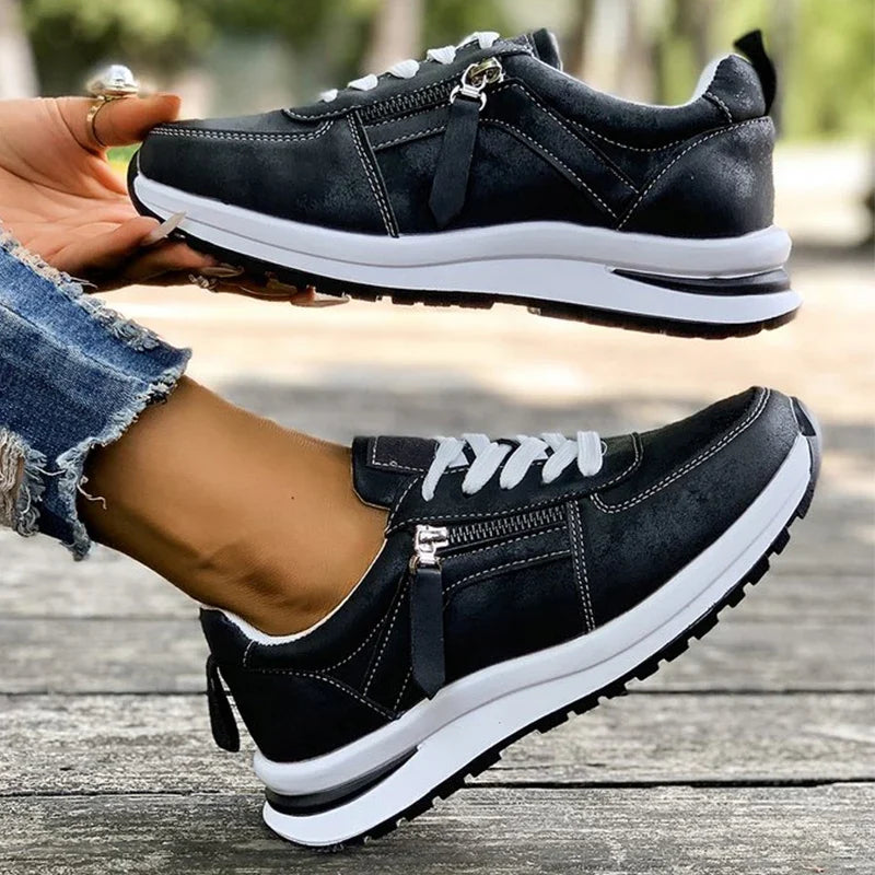 Casual Lace-Up Platform Sneakers for Women Autumn 2025 Solid Plus Size Shoes Woman Non-Slip Zip Female Sports Shoes