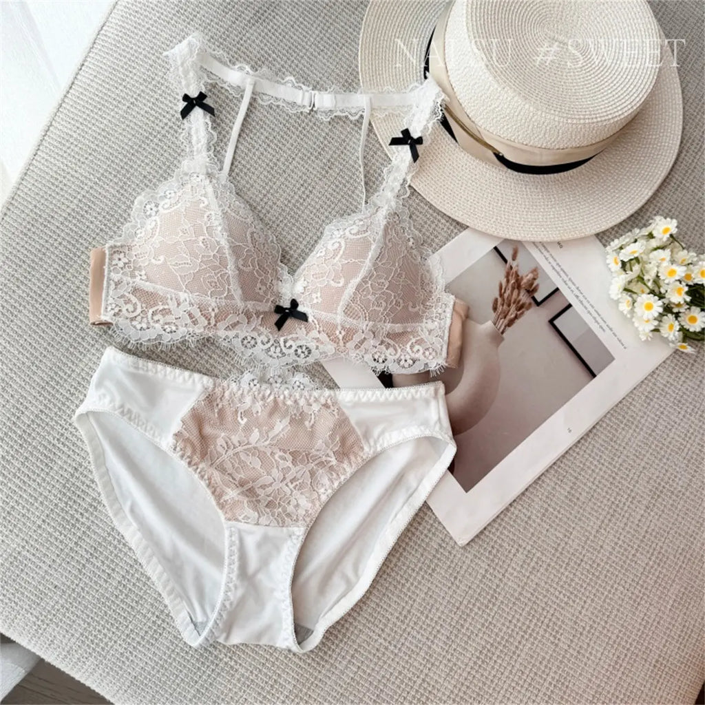 Deep V Halter Neck Bra Set French Style, Lace Push Up Bralette for Small Chest, Sexy Wireless Triangle Bra Set MOYISU Sexy Tushy
