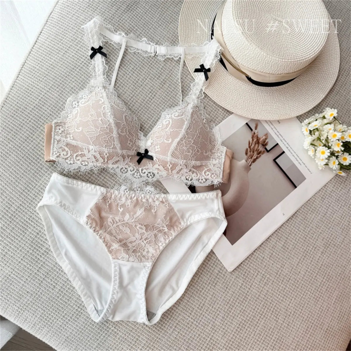 Deep V Halter Neck Bra Set French Style, Lace Push Up Bralette for Small Chest, Sexy Wireless Triangle Bra Set MOYISU Sexy Tushy