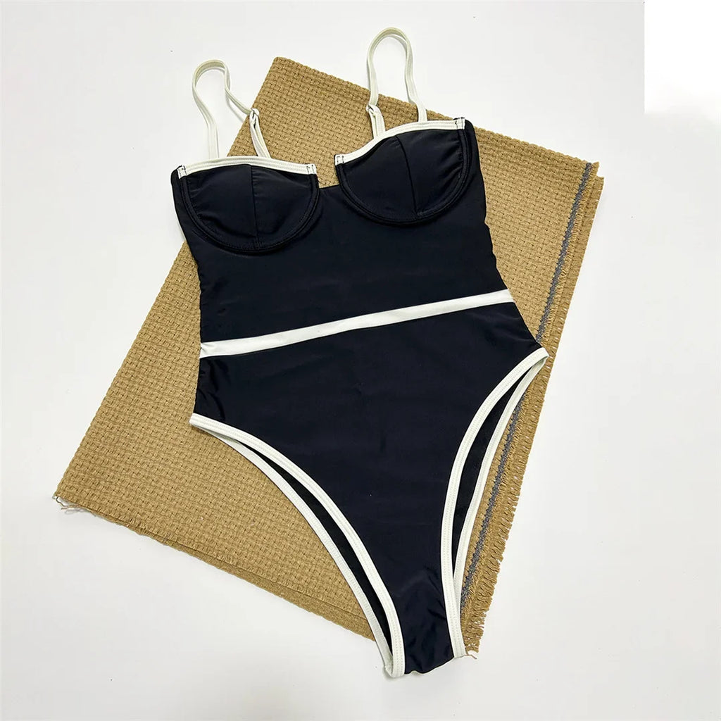 2026 New Sexy Splicing Underwired Women Swimwear One Piece Swimsuit Female High Leg Cut Padded Bather Bathing Suit Swim V5918
