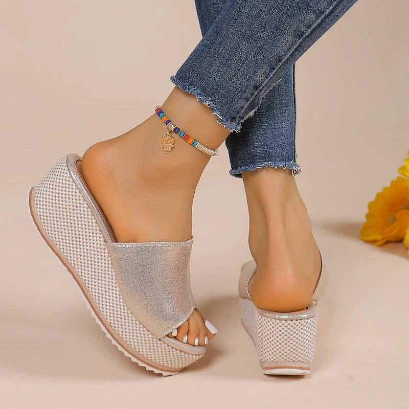 2025 Summer Chunky Platform Slippers for Women Pu Leather Wedges High Heel Sandals Woman Plus Size 36-43 Beach Sandles Female