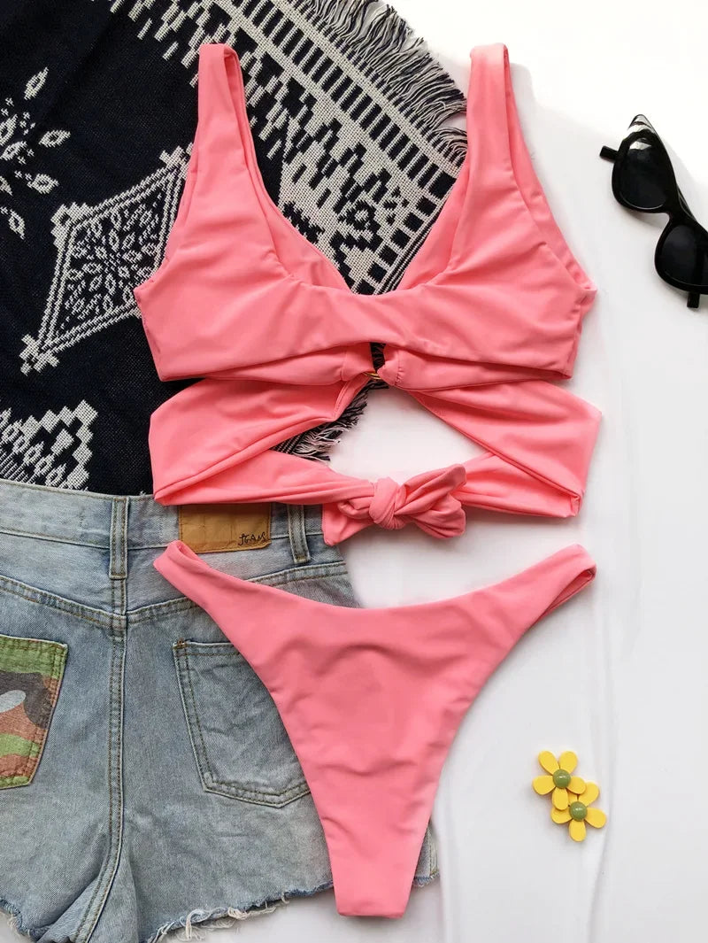 Sexy Adjustable Rings Cross Bandage Bikini Female Swimsuit Women Swimwear Two-pieces Bikini set Bather Bathing Suit Swim Lady