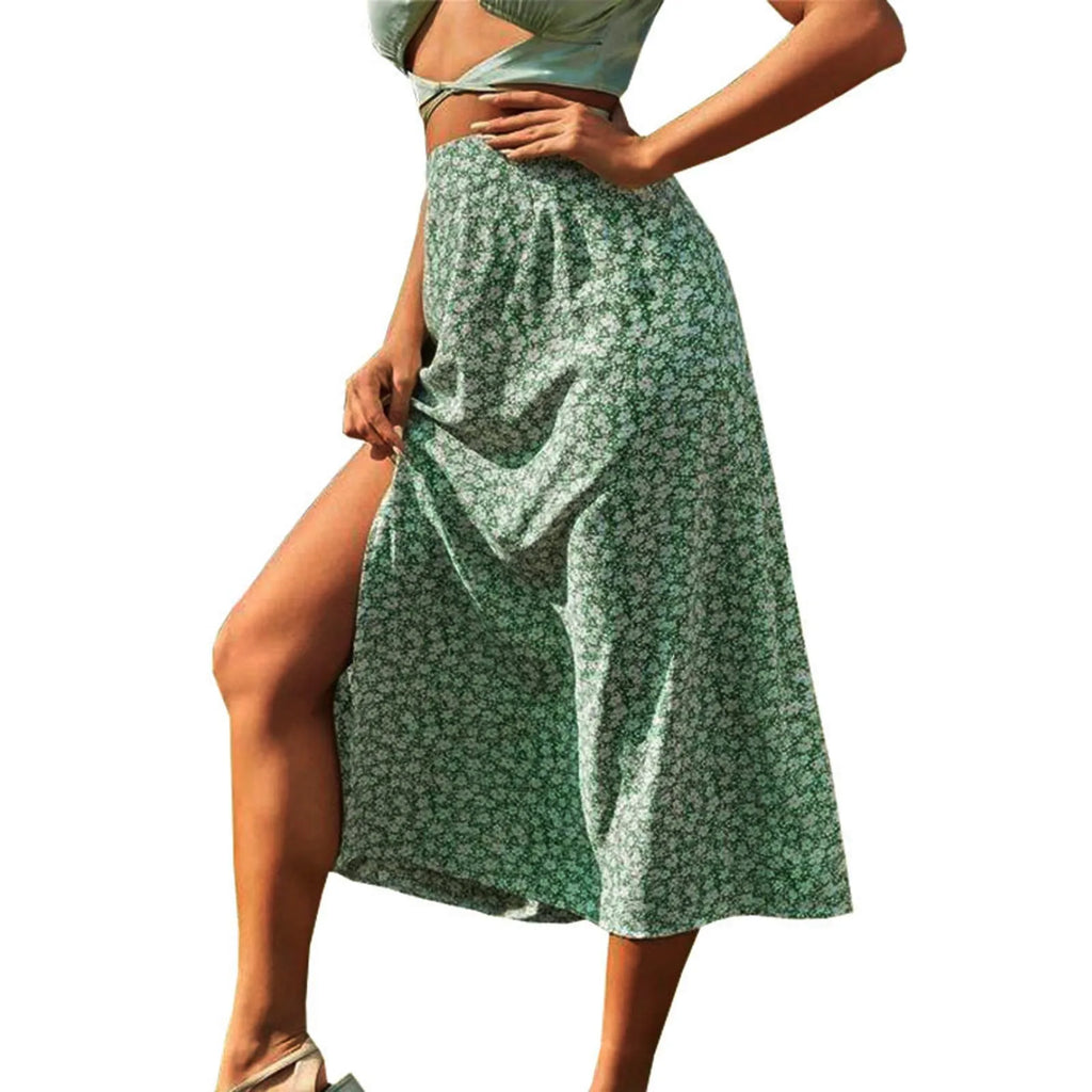 Harajuku Floral Print Long Skirt Vintage High Rise Straight Midi Skirts For Women Summer Skinny Bohemian Split Beach Skirts Y2k
