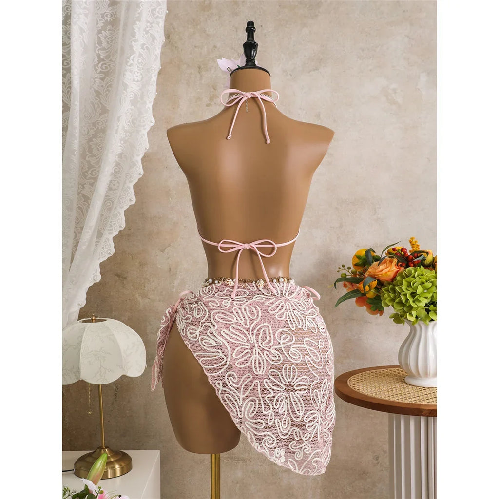 With Sarong Halter Printed Bikini Women Swimwear Female Swimsuit Padded Bather Bathing Suit Swim Three-pieces Bikini set K8073