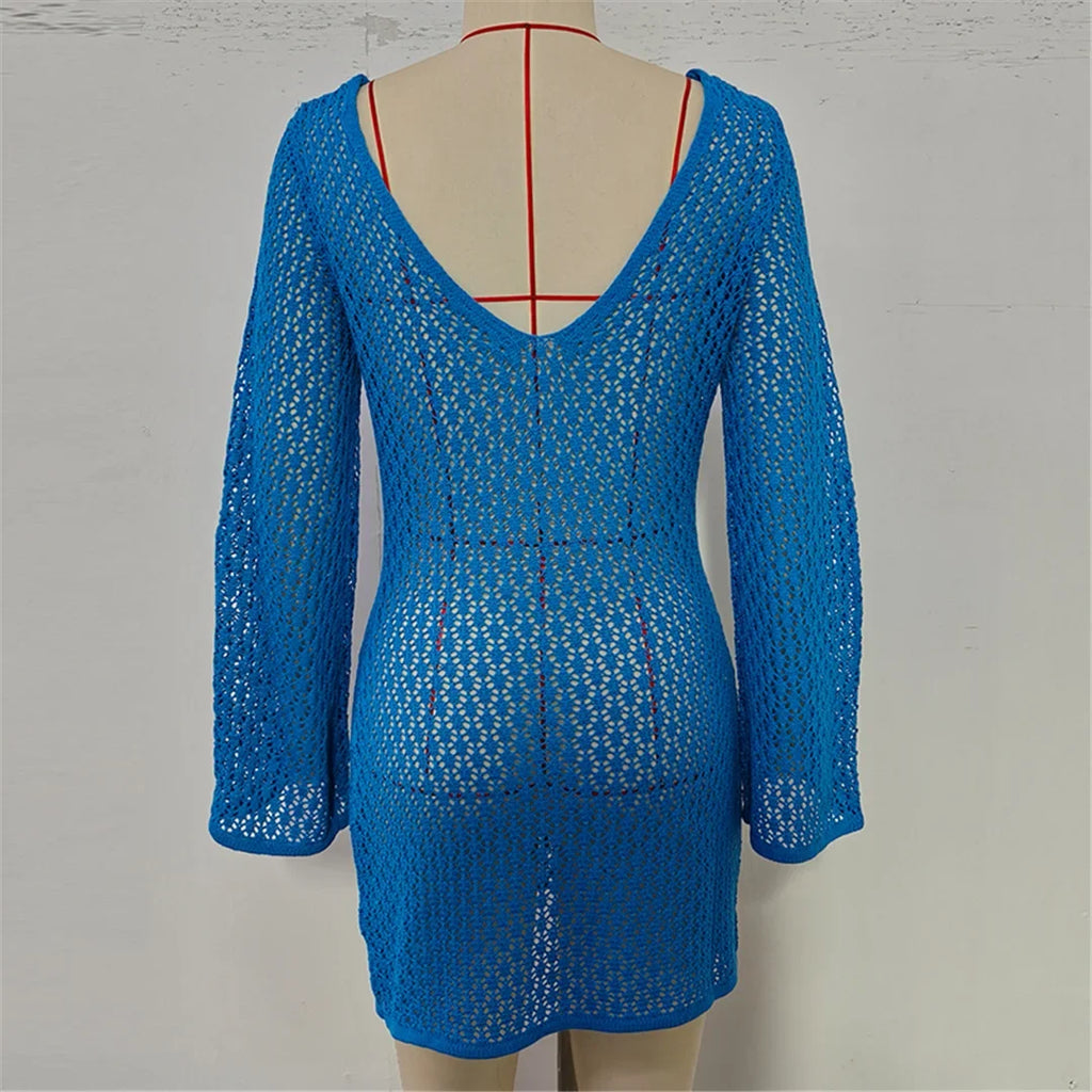 V Neck Long Sleeve Hollow Out Crochet Knitted Tunic Beach Cover Up Cover-ups Beach Dress Beach Wear Beachwear Female Women V7643